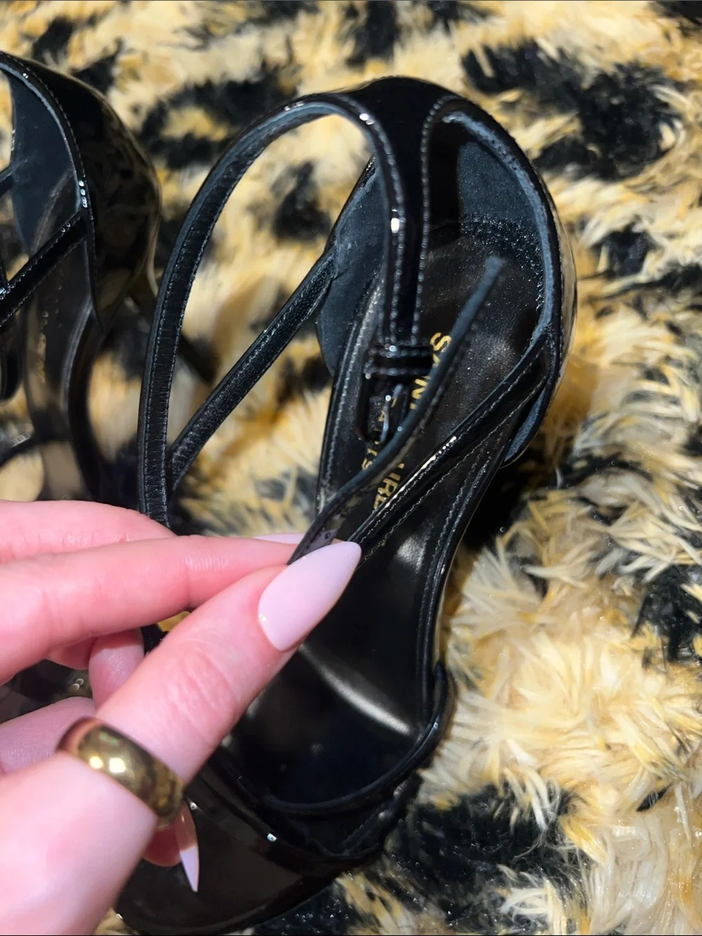 Saint Laurent Black Patent Leather Cassandra Sandal Heels 37.5 - Picture 8 of 16